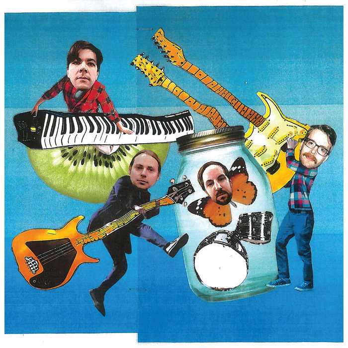 A collage featuring the members of tin armor on different bodies, playing cutout instruments
